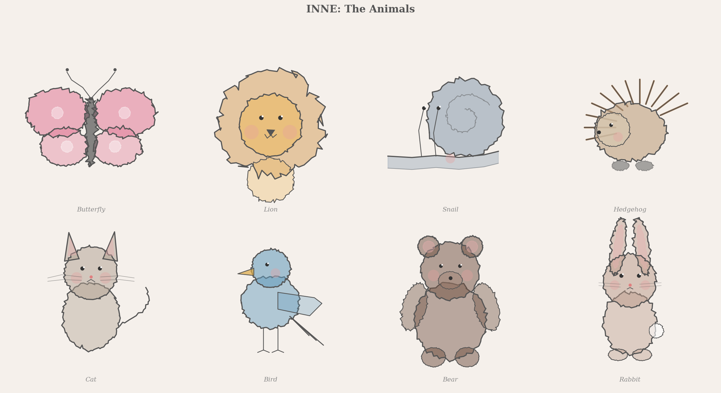 Eight hand-drawn animals